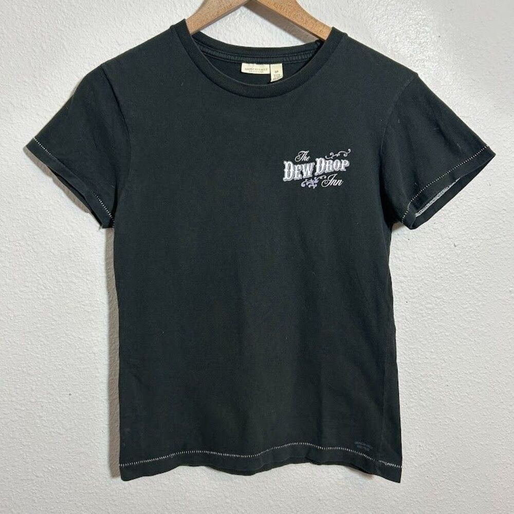 Y2K American Eagle Graphic Tee Shirt Womens S Black Dew Drop Inn Boxy Cotton - Picture 2 of 7